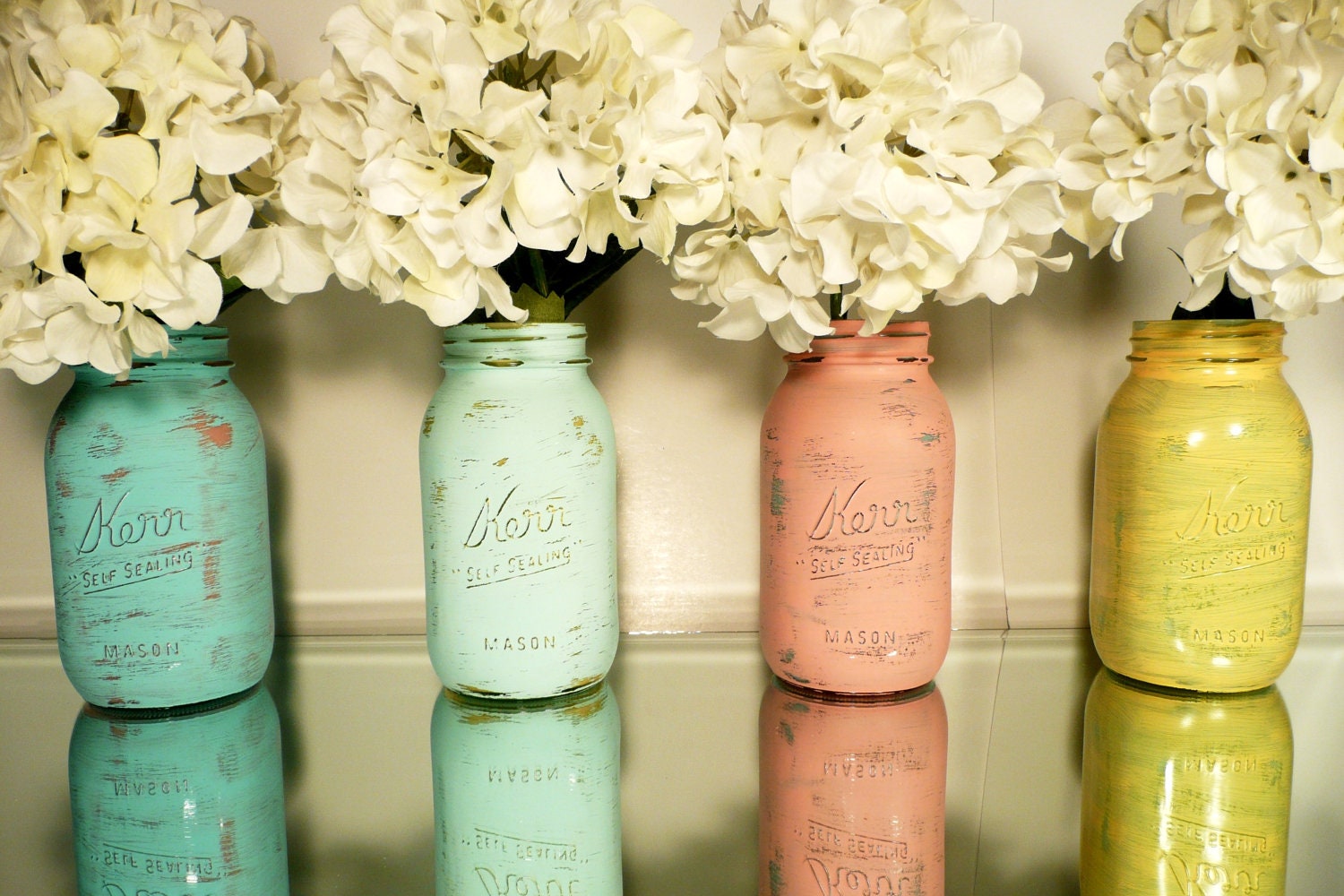 Miami inside/outside Quart - Wedding and Home Decor  -  Painted and Distressed Shabby Chic Mason Jars - Vase