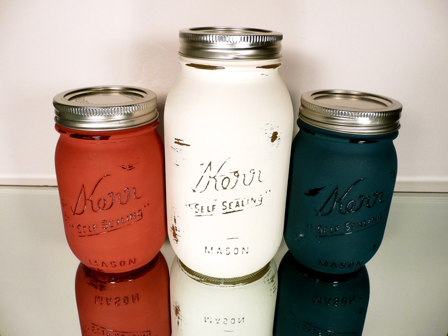 USA Red, White, Blue Painted Mason Jars - Vase - Shabby Chic and Distressed