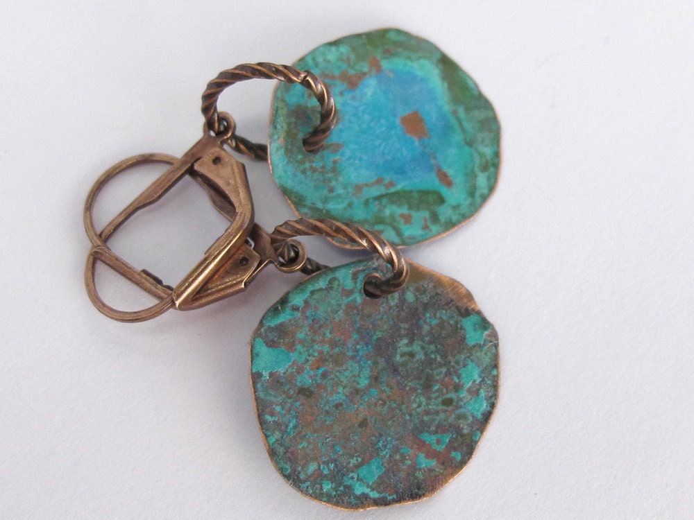 Hammered Copper Earrings Patina Verdigris Blue Green, Small Round, Dark Brown Copper Earwires, ER0180