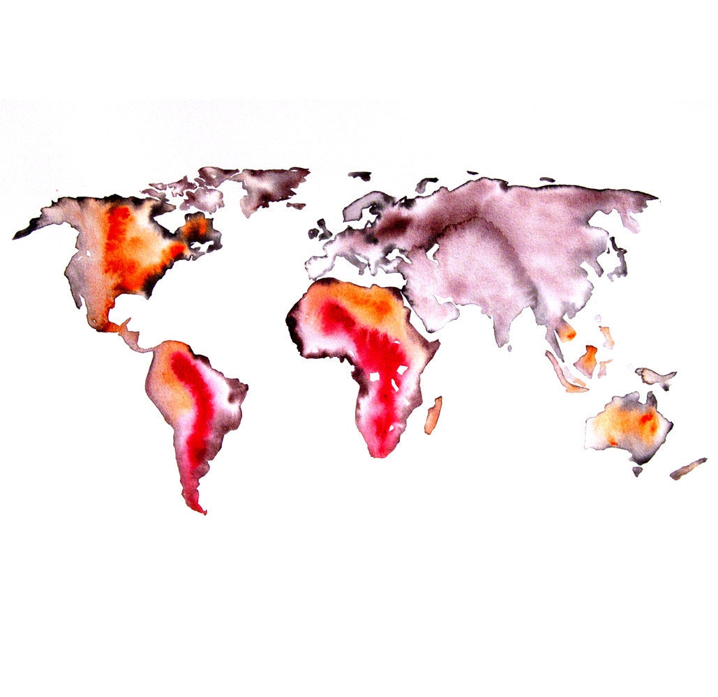 Map of the world ART PRINT 13X19 original watercolor painting illustration home wall decor  modern contemporary reproduction poster