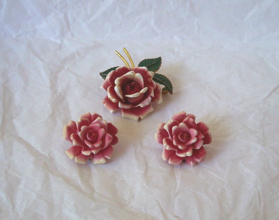 Vintage / Antique Rose Floral Demi Parure made in West Germany 1940's
