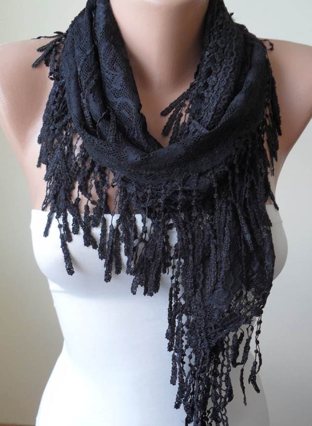 Black Lace Scarf  - Lightweight - Black Lace Scarf with Black Trim Edge - Lace Fabric