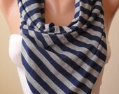 Mother's Day - Grey - Dark Blue Sriped Scarf - Combed Cotton - Trend