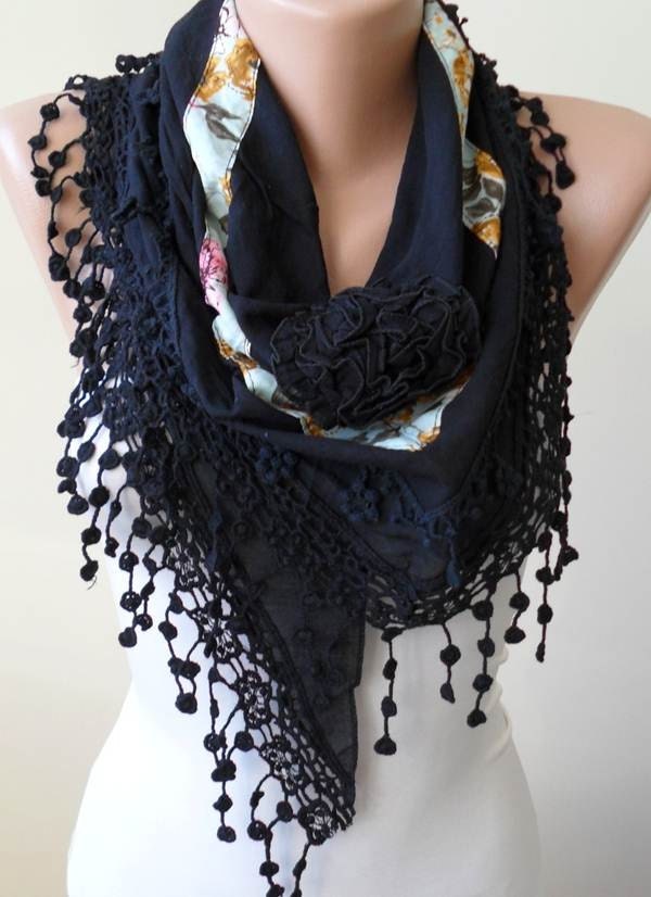 Mother's Day Gift - Black Scarf with Flowered Fabric and Trim Edge - Triangular