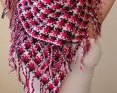 New - Fuchsia - Black and White Houndstooth Scarf - Thick Cotton Fabric - Triangular