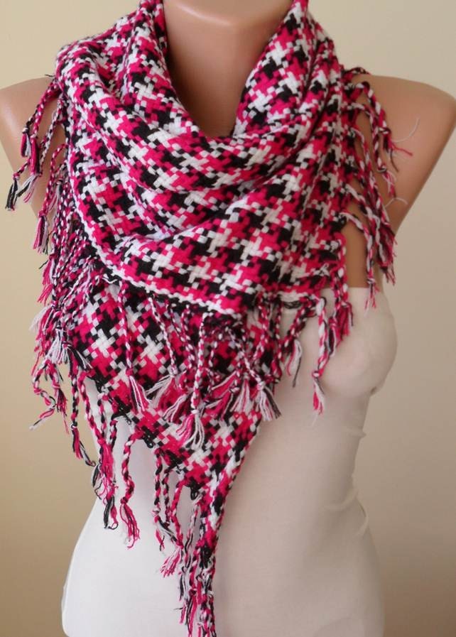 New - Fuchsia - Black and White Houndstooth Scarf - Thick Cotton Fabric - Triangular