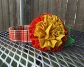 Dog Collar and Flower- MADE TO ORDER Fall Orange and Brown Plaid Dog Collar and Yellow and Orange Peony Flower