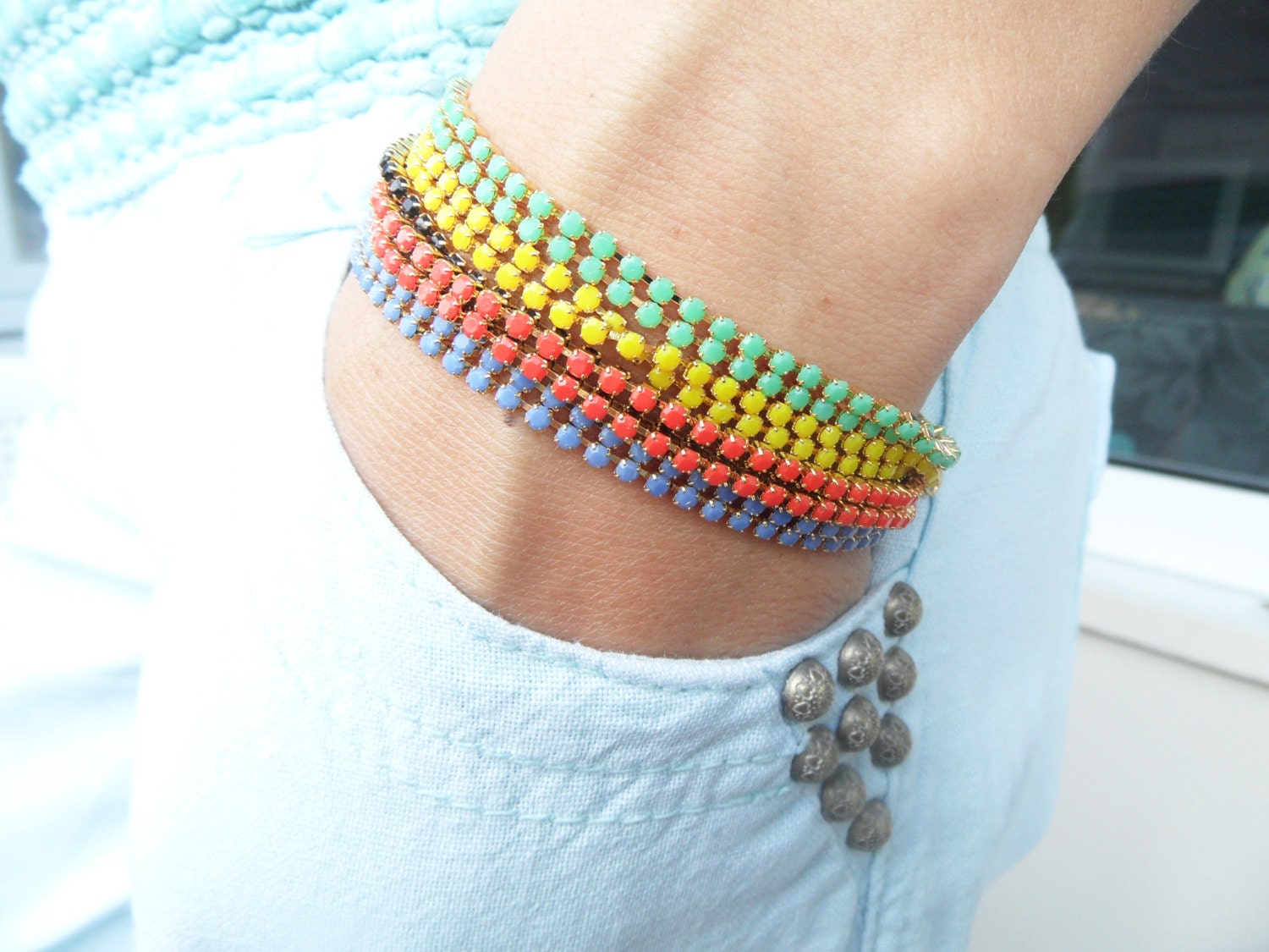 Colorful chain bracelet double row crystal chain jewelry yellow orange blue green black best friend birthday daily use everyday turkish