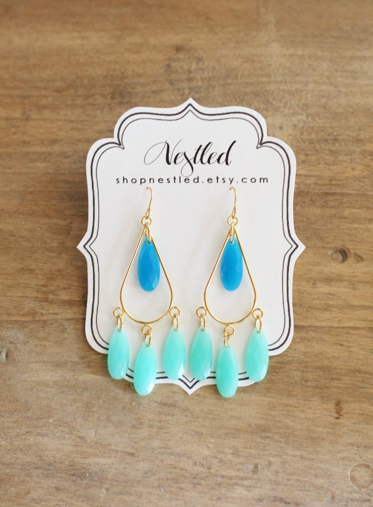 Ombre Blue and Mint Teardrop Chandelier Statement Earrings