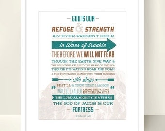 Christian Art Print - 8x10 inch - Psalm 46 - Bible Verse Art. God is our Refuge and Strength
