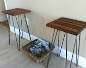 Pair of mid century modern side tables, end tables or nightstands/bedside tables featuring solid walnut top and hairpin legs