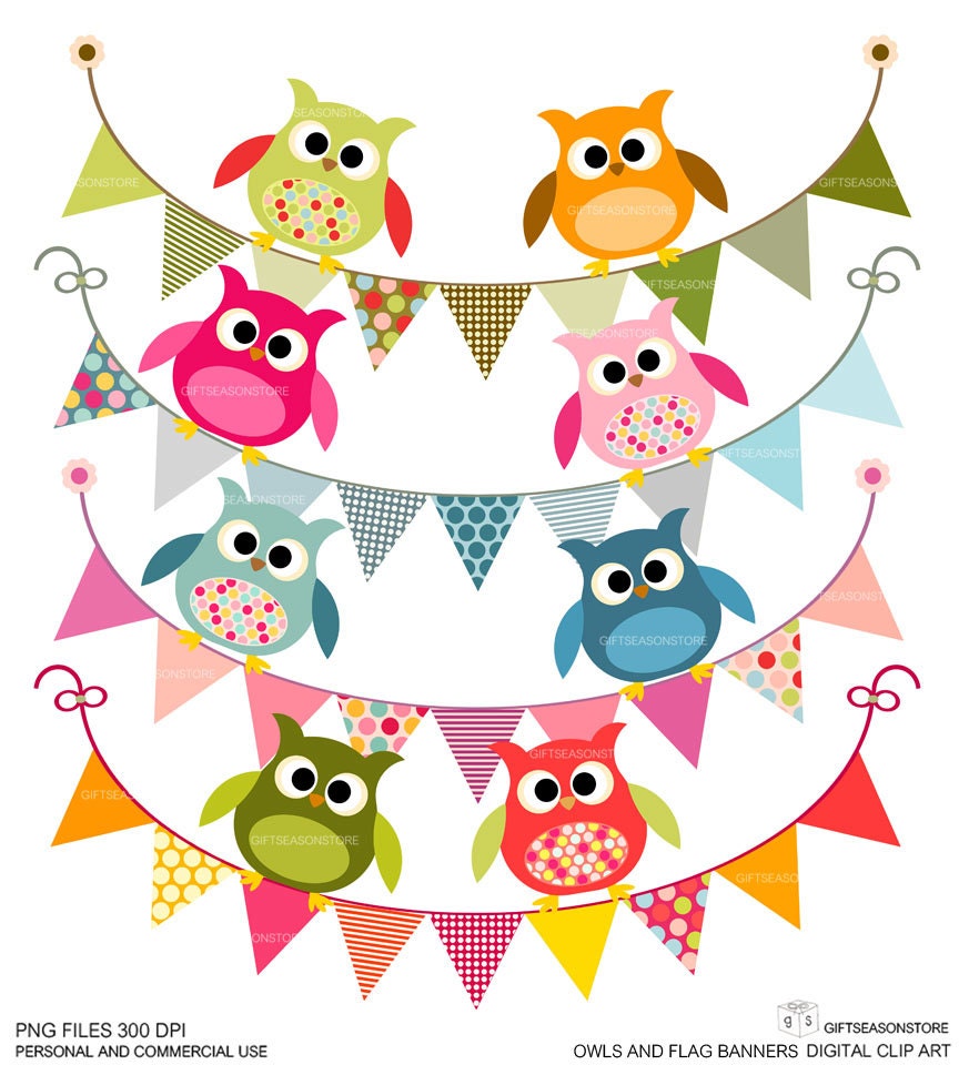 Owls and flag banners Digital clip art for Personal and Commercial use - INSTANT DOWNLOAD