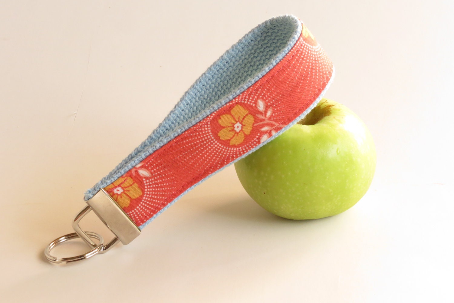 Pretty in Pink Key Fob Wristlet - 100% Designer Cotton - Pink, Yellow, and White, Flowers on Sky Blue Cotton Webbing - Unique Gift