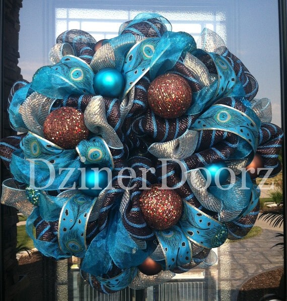 CLEARANCE Turquoise Peacock Winter deco mesh Wreath
