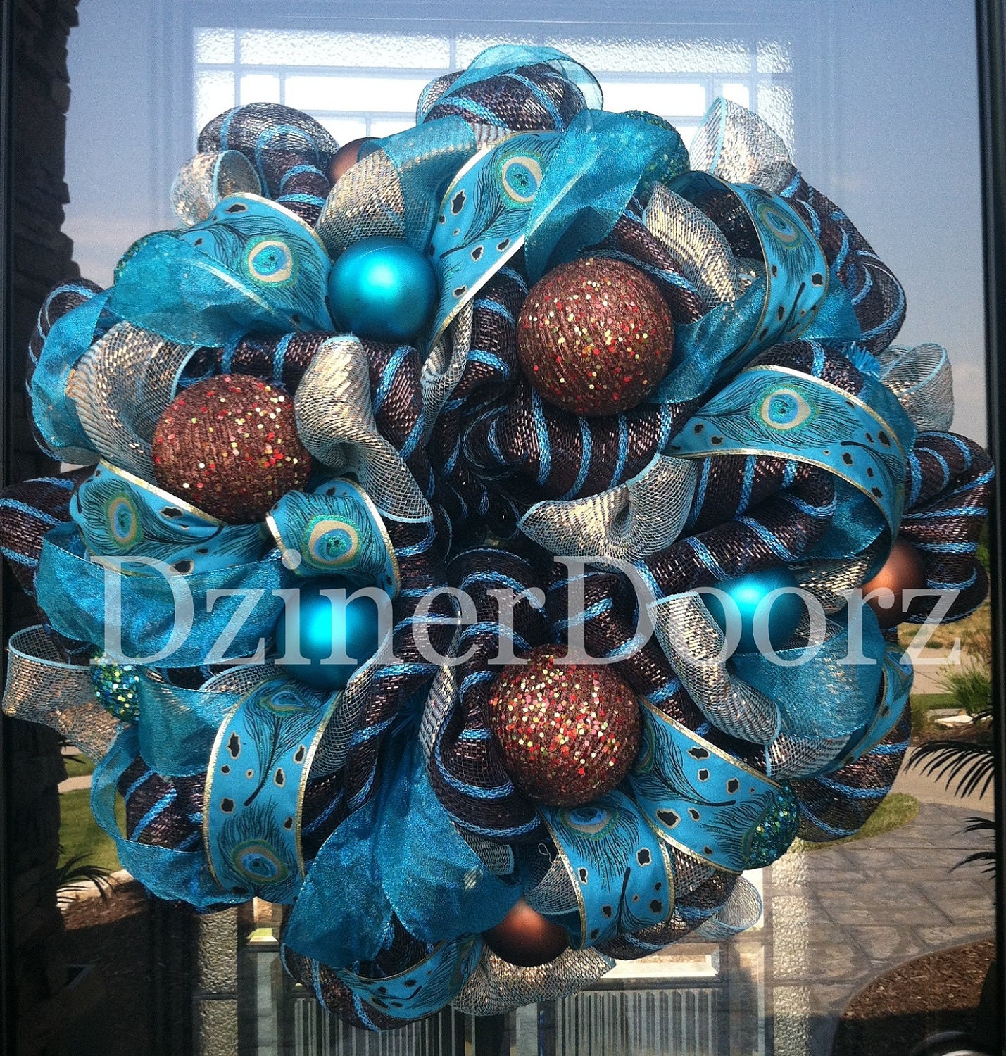 CLEARANCE Turquoise Peacock Winter deco mesh Wreath