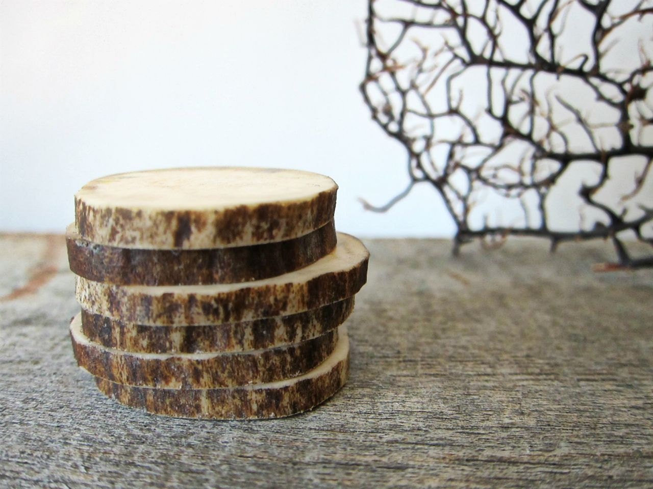 Handmade antler buttons, approx 1.5" slices, 4mm thickness cream, brown, set of 6 hand finished.  ooak