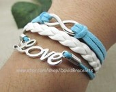 Silvery Lucky Number & LOVE Cuff Leather Bracelet  White and Blue Leather Bracelet  Silver alloy jewelry  Fashion Bangle LB604