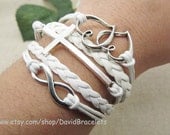 Silvery  LOVE & Cross Cuff Bracelet  White Leather Bracelet  Silver alloy jewelry  Bangle LB611