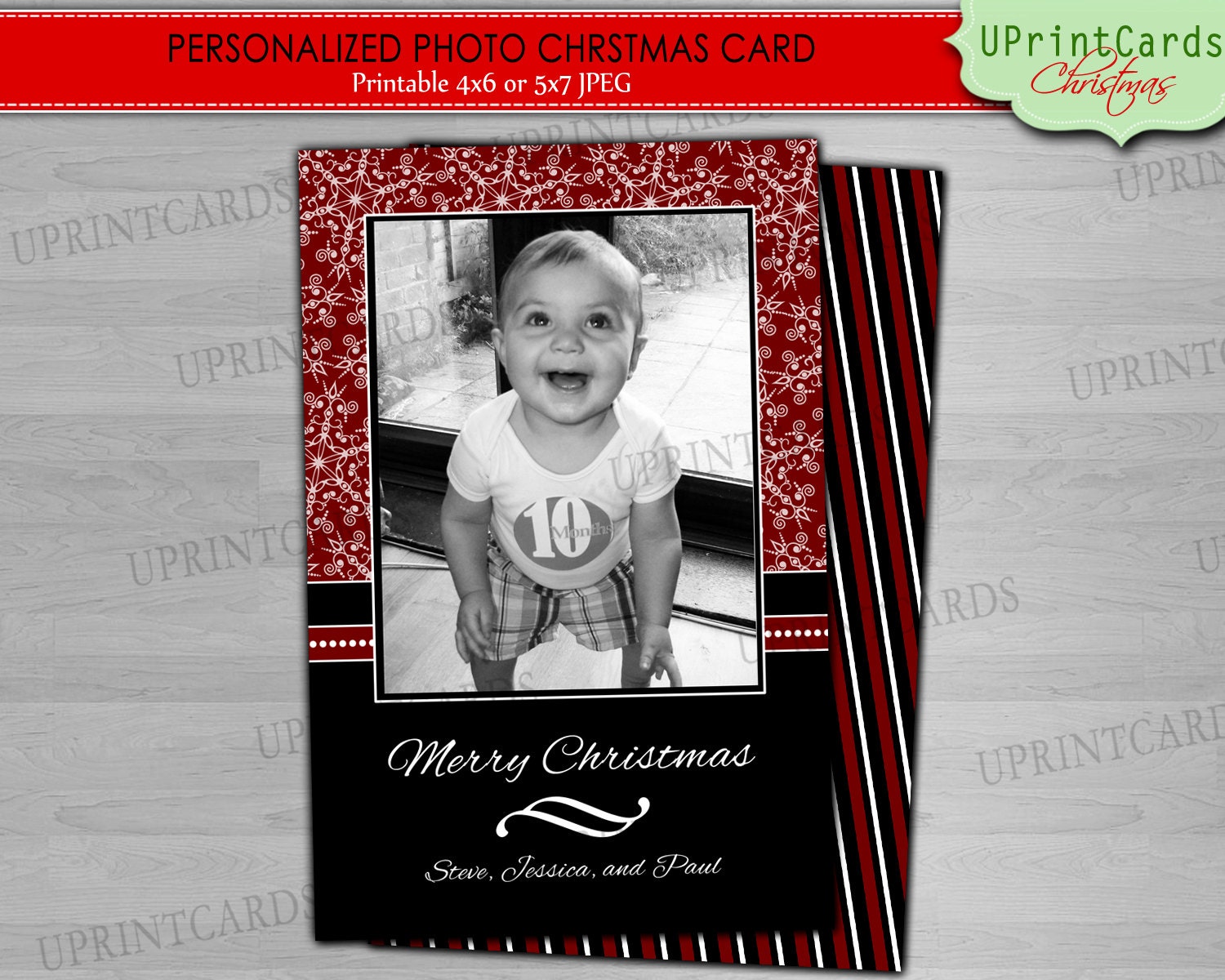 DIY PRINTABLE -Christmas / Holiday Card - Personalized Photo (Elegant Red and Black) Digital Printable Invitation 4x6 or 5x7 JPEG