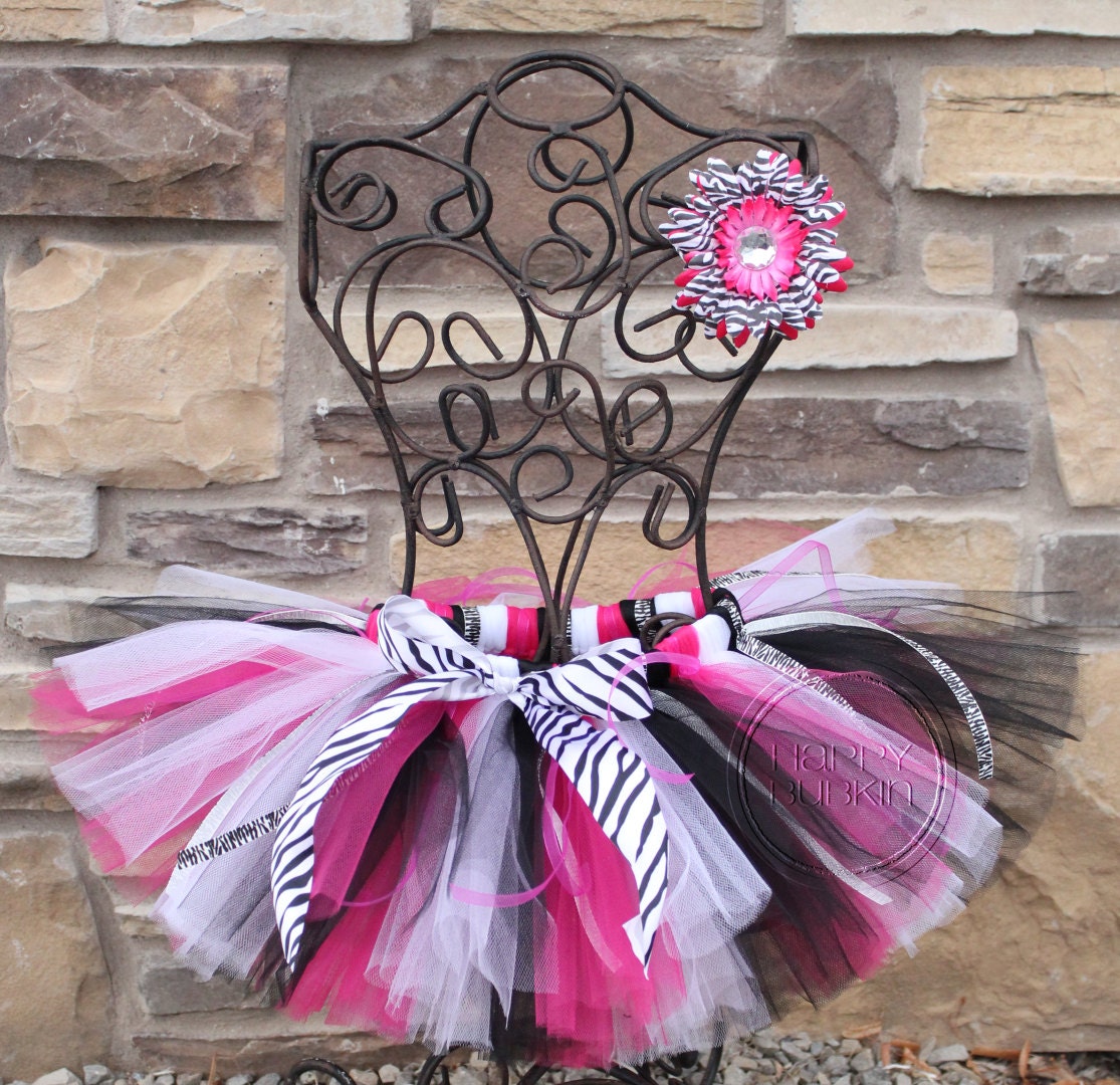 SASSY PINK ZEBRA--Custom Made Hand-Tied Ribbon Tutu Skirt with Free Flower Clip, sizes Newborn-5T