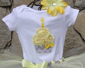 CHIC YELLOW GRAY--Birthday Cupcake Onesie or Shirt Only, sizes Newborn-5T