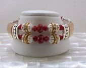 Red Velvet and Swarovski crystal beaded cuff bangle bracelet Gifts for her