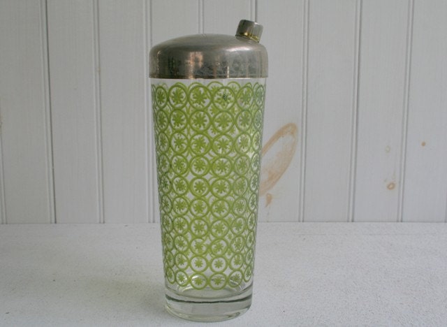 Vintage Drink Mixer, Cocktail Shaker, Martini Shaker with Green Starburst Pattern and Brushed Metal Lid