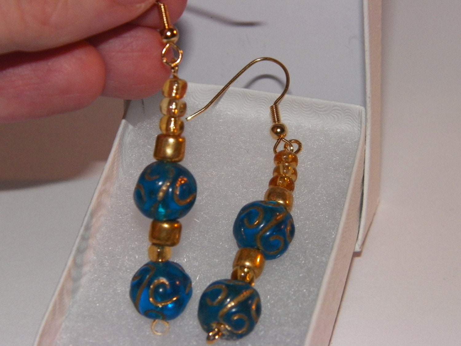 Blue and Gold Curli-Q Glass Bead Whimsical Dangle Earrings