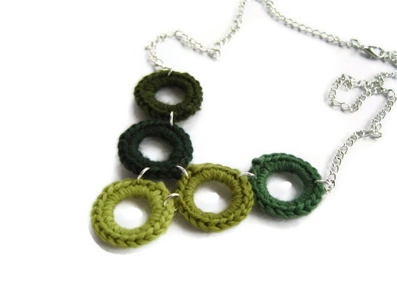 Green Crochet Necklace, Chevron Necklace, Geometric Necklace, Crochet Circles, Silver Plated, Gift for Her, Statement Necklace, OOAK