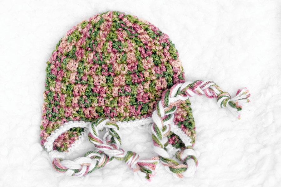Spring Pastel Earflap Hat // Pink and Green // Newborn