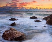 8x12 Sunset Beach Photo Print Rhode Island Seascape Rocks Ocean New England Storm Clouds Coastal Cottage Wall Art Home Decor