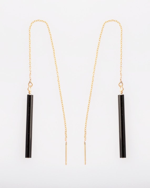 Art Deco Black Tube Jet-Bead Dangle Earrings in 14K Gold-Fill Chain