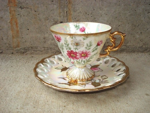 Buy cosmo beauty products - Beautiful Iridescent Teacup in October Cosmos and Saucer from Nasco Products Japan