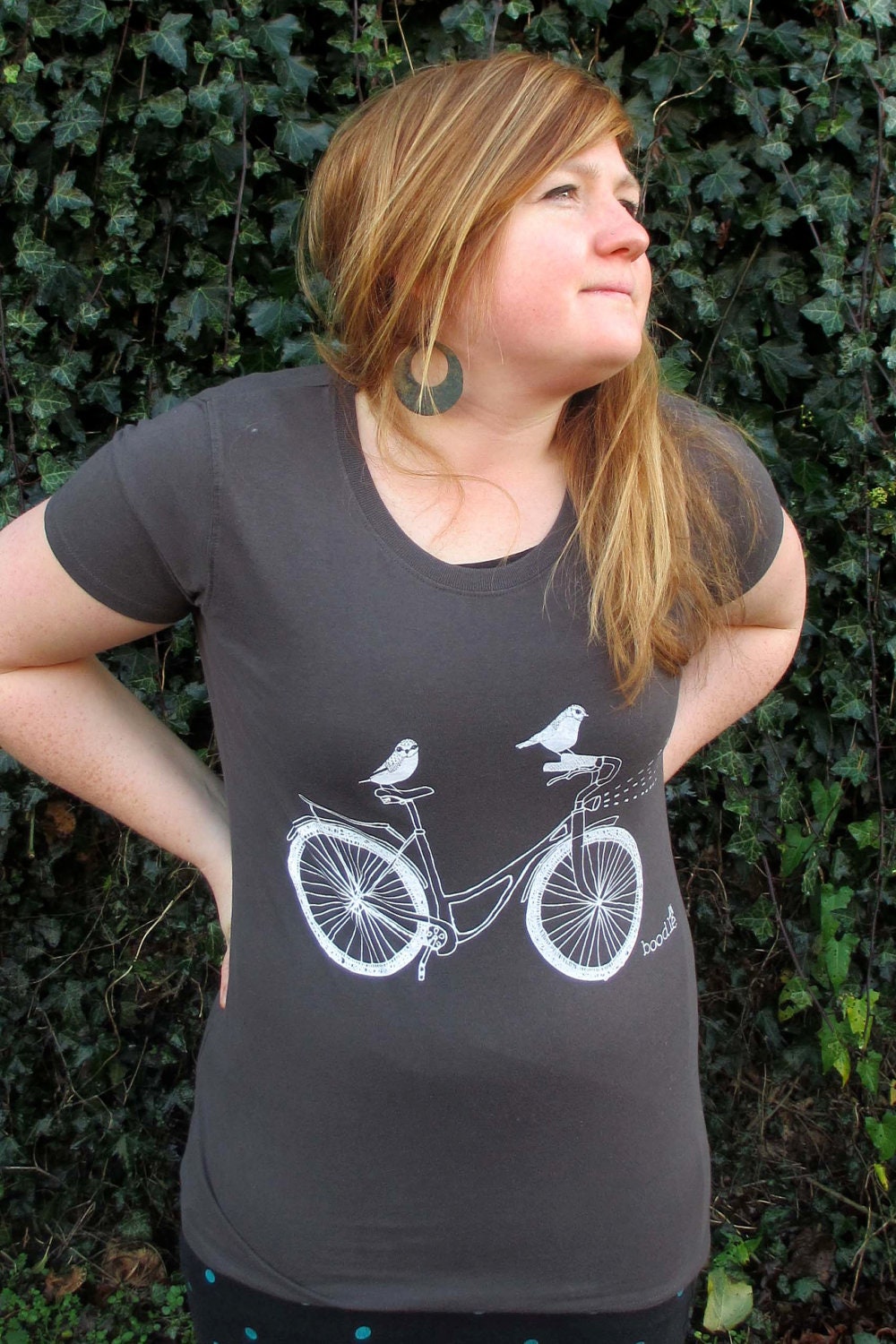 Womens T-shirt Organic cotton Birds taking a ride on a bike, hand screen printed. Christmas present.