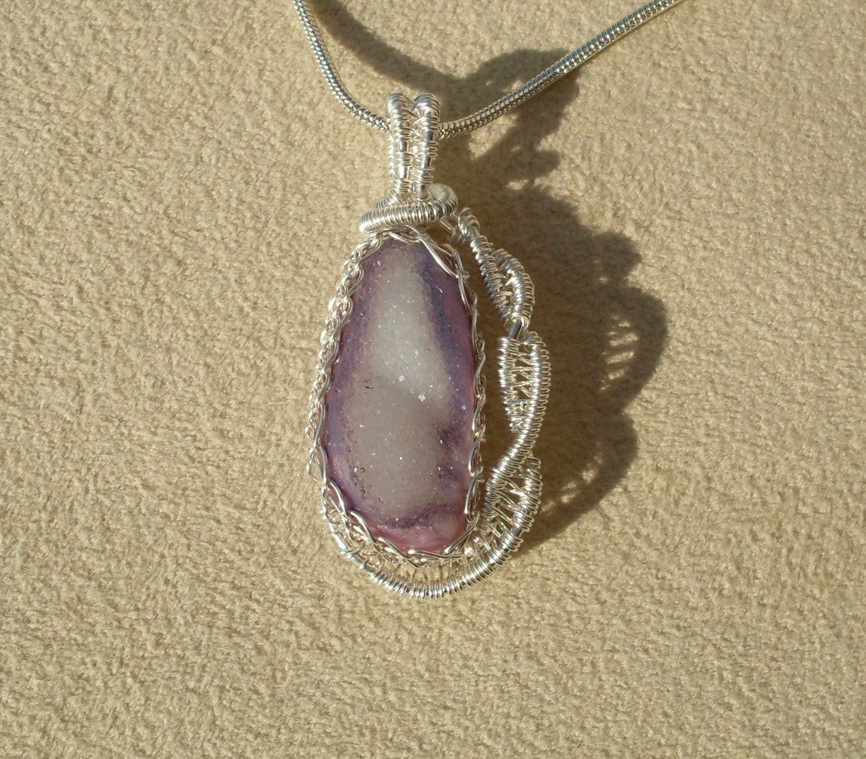 Purple White Druzy Agate Wire Wrapped Pendant