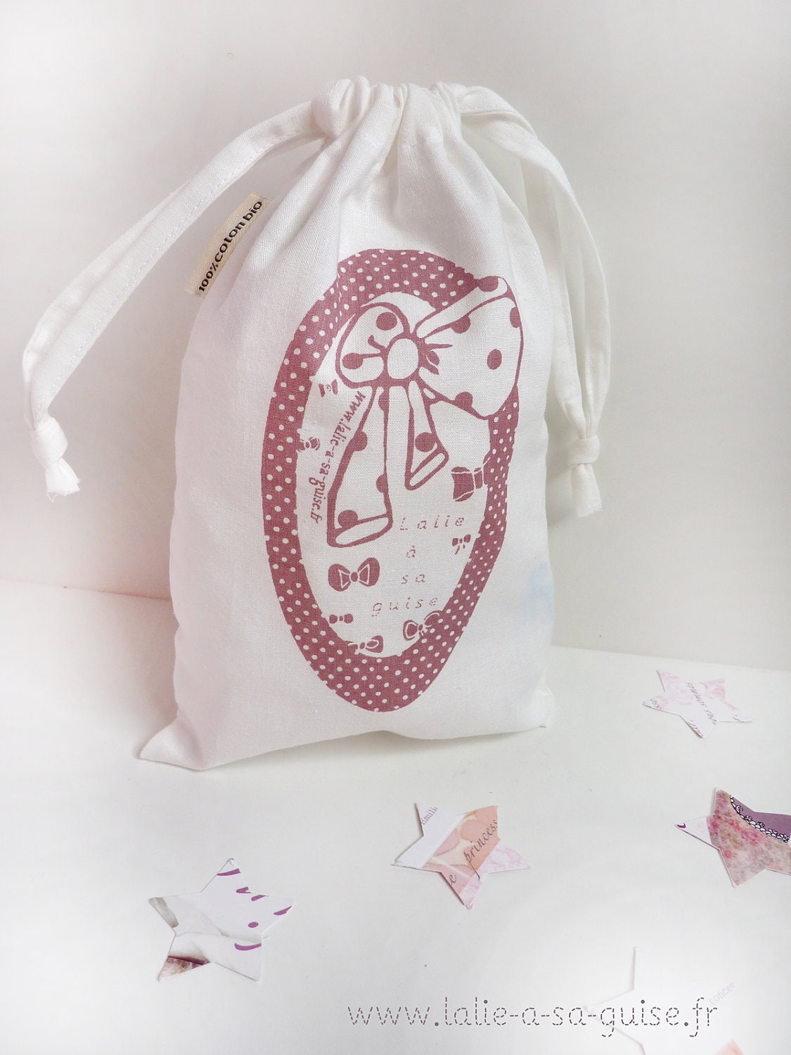 organic cotton little bag plum named "noeud apprêté"