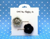 Two Crochet Flower Bobby Pins in Pale Blue and Navy
