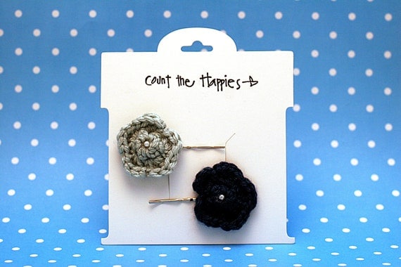 Two Crochet Flower Bobby Pins in Pale Blue and Navy