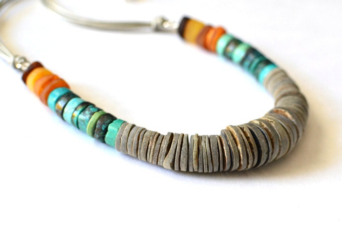 Raw Stone Necklace Turquoise Amber Silver Gemstone Jewelry Chunky Handmade Jewelry Fashion Gift for Her