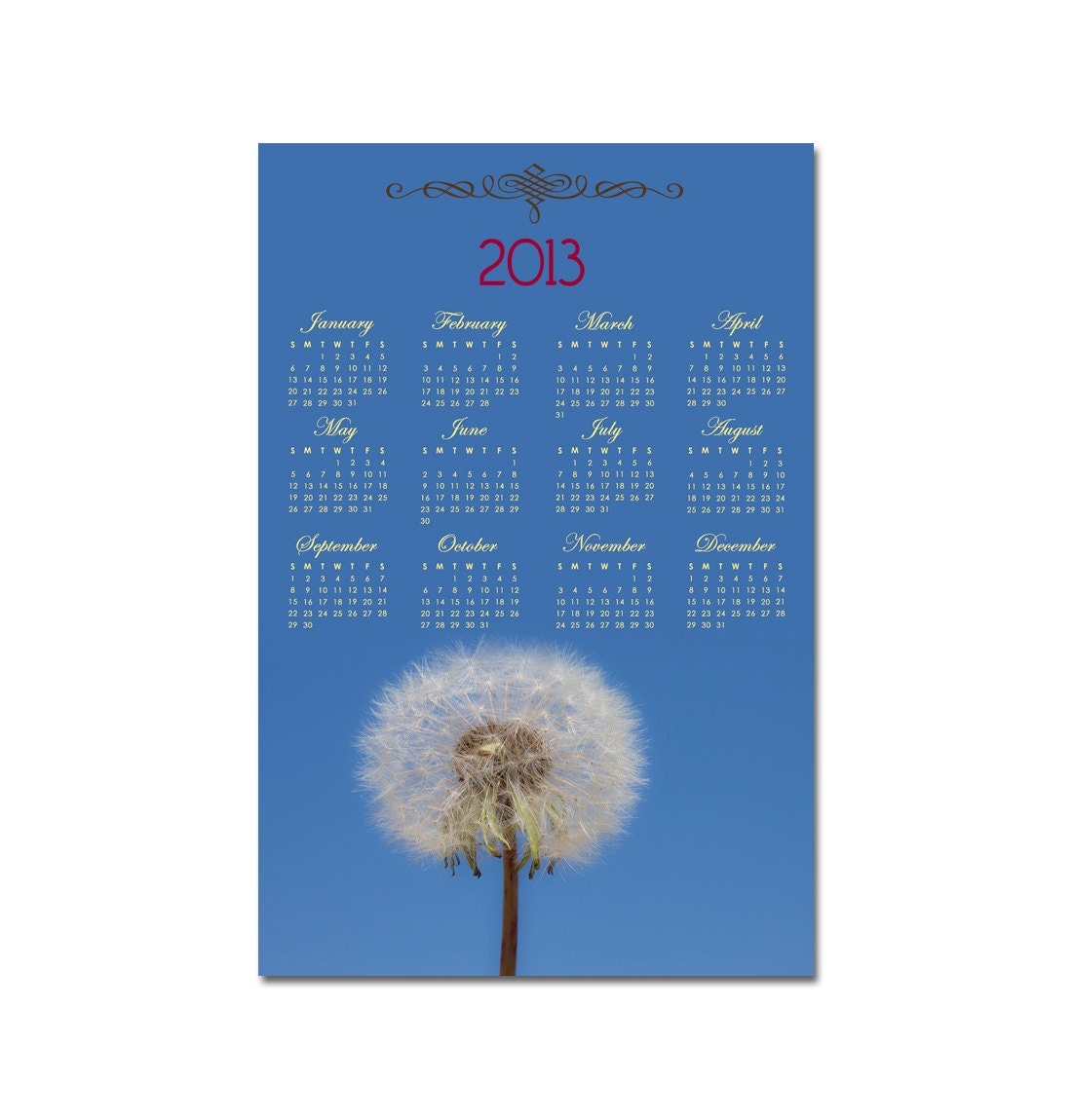 2013 Wall Calendar, Year at a glance Photo Calendar, Buy 2 get 1 for free, Size 12x18, Fine Art Photography, Dandelion and Blue Sky