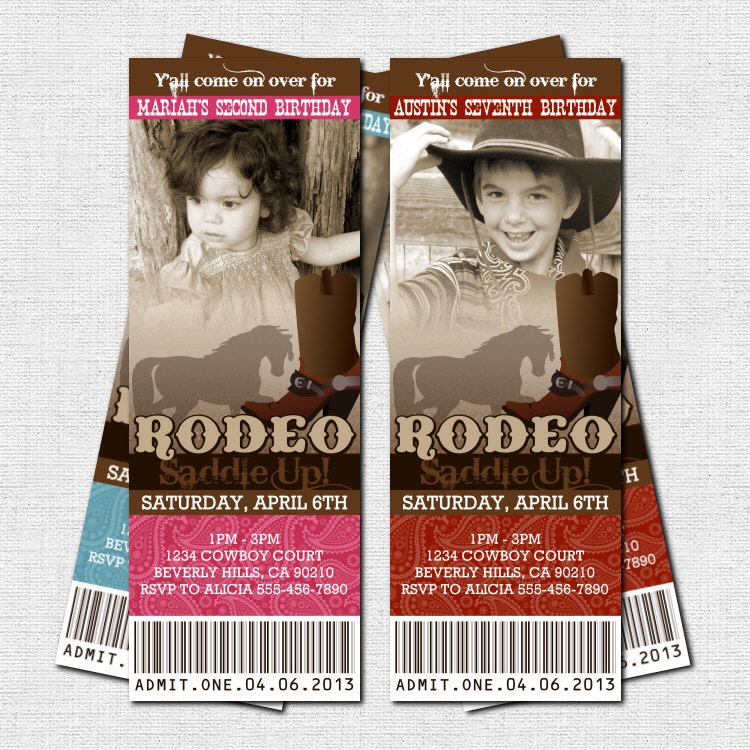 WESTERN TICKET INVITATIONS Rodeo Cowboy or Cowgirl Birthday Party - (print your own) Personalized Printable