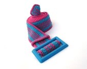 Crochet summer belt, blue, fuchsia pink
