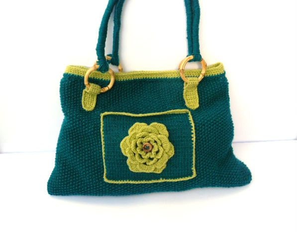 Knit handbag, blue and green shaulder bag Knit handbag, blue and green shaulder bag