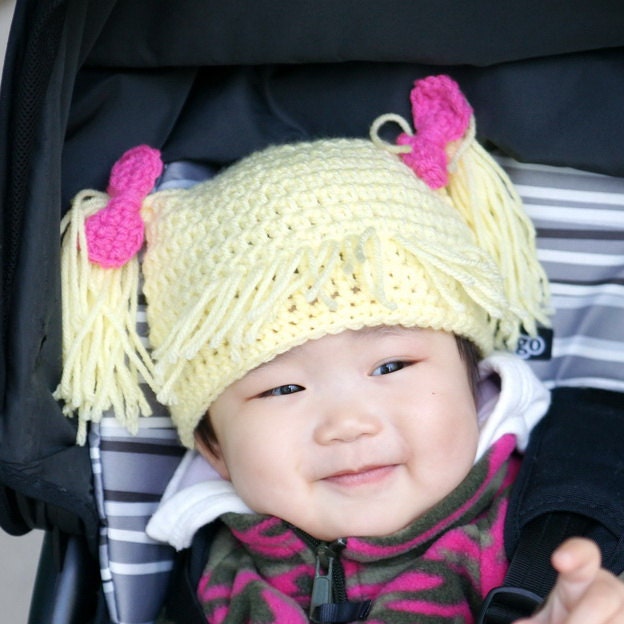Cabbage Patch Kids Hat, Blond hair pigtails hat, Crochet Baby Hat, photo prop, yellow, Inspired by Cabbage Patch Kids