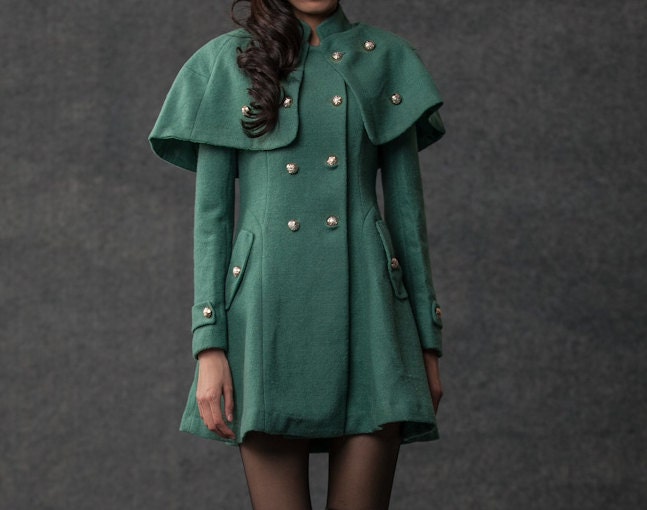 Cape coat  green wool  coats for women