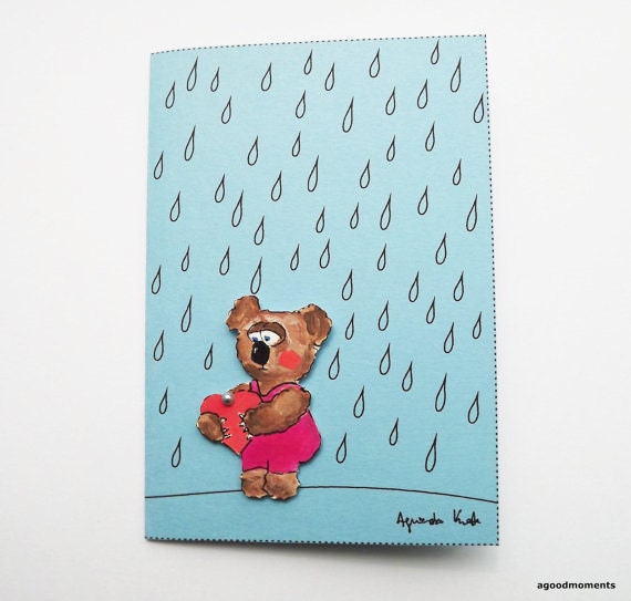 3D Sad Bear Autumn Card, Rain Card, Miss You Handmade Card, Love Card,Thinking of You Card - aagoodmoments