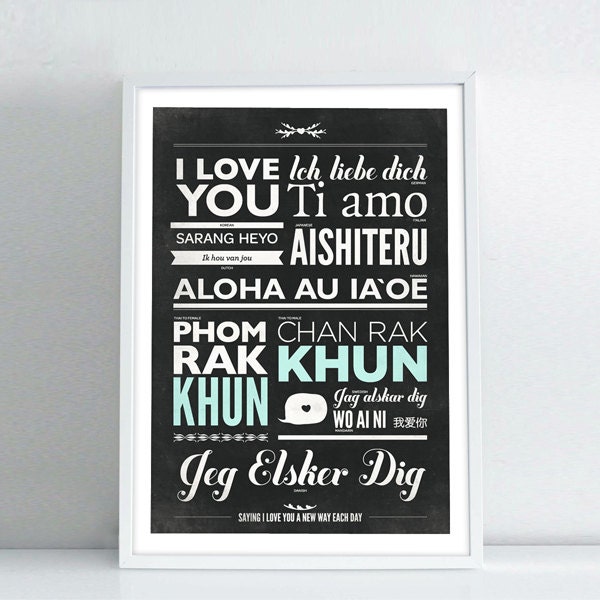 Different language of love typography poster - Vintage-Style typo print - I love you A3