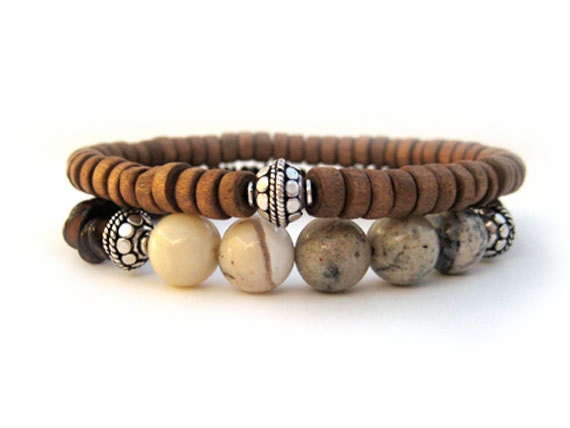 African Opal beaded stretch bracelets / handmade bracelets / Bohemian / OOAK / wooden bracelets