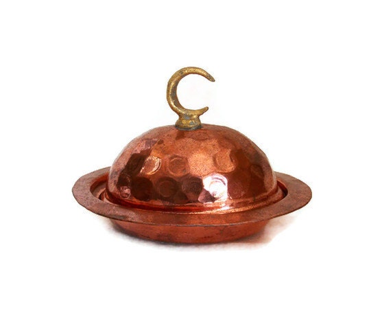 Vintage copper Oriental sugar bowl brass CRESCENT FINIAL alem tiny LIDDED serveware - Cute candy, sweets, Turkish delight serving dish