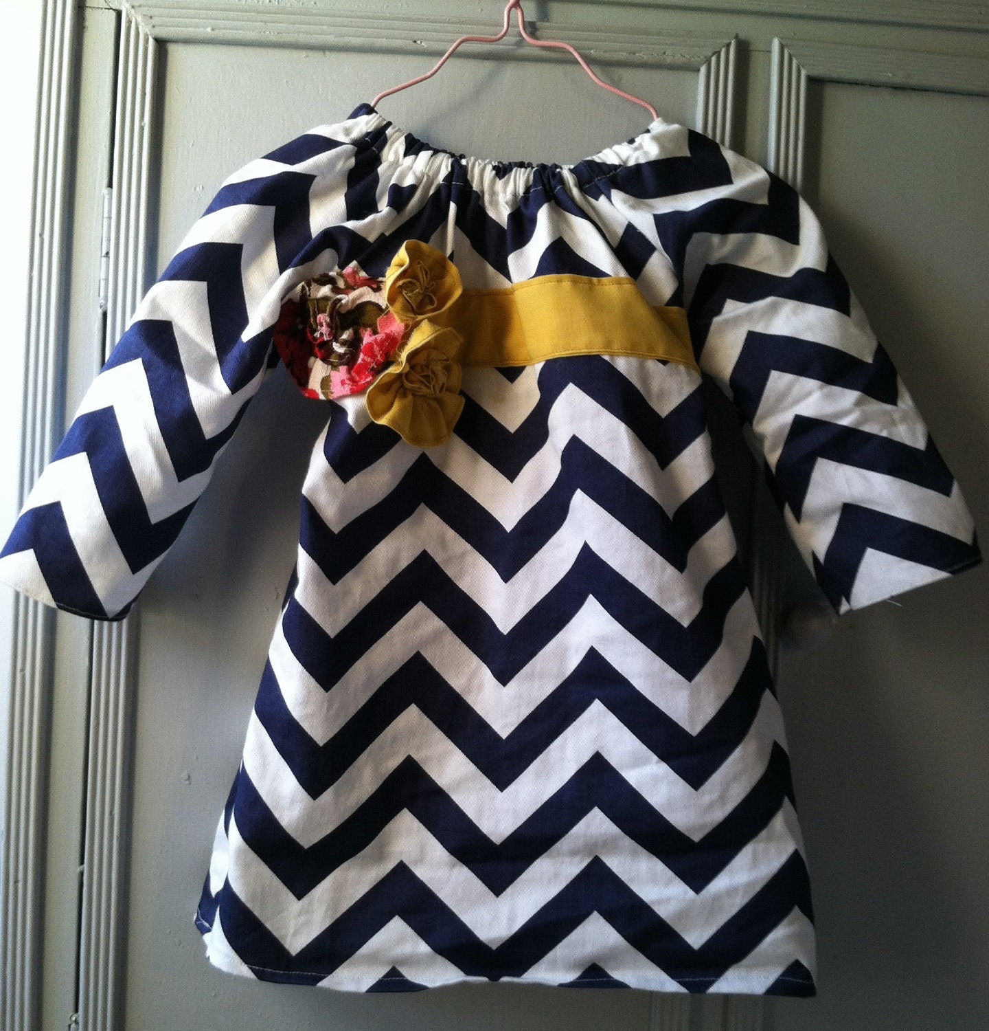 Custom 2T-5 Navy Chevron Dress with Yellow and Vintage Floral Embellishments